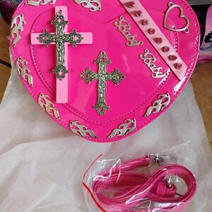 New Hot Pink Heart Shoulder Bag with Silver Cross Accents